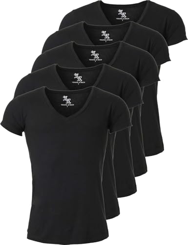 Young & Rich Herren Uni T-Shirt mit extra tiefem V-Ausschnitt Slimfit Stretch Dehnbare Passform einfarbiges Basic Shirt - 5er Pack, Grösse:S, Farbe:Schwarz von Young & Rich