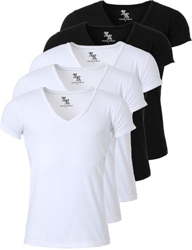 Young & Rich Herren Uni T-Shirt mit extra tiefem V-Ausschnitt Slimfit Stretch Dehnbare Passform einfarbiges Basic Shirt - 5er Pack, Grösse:S, Farbe:3 x Weiß / 2 x Schwarz von Young&Rich