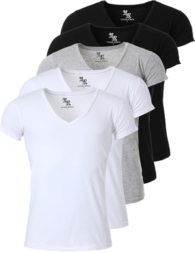 Young & Rich Herren Uni T-Shirt mit extra tiefem V-Ausschnitt Slimfit Stretch Dehnbare Passform einfarbiges Basic Shirt - 5er Pack, Grösse:XL, Farbe:2 x Weiß / 2 x Schwarz / 1 x Grau von Young&Rich