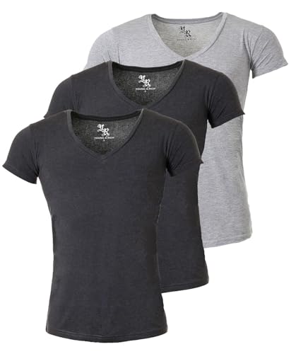 Young & Rich Herren Uni T-Shirt mit extra tiefem V-Ausschnitt Slimfit Stretch Dehnbare Passform einfarbiges Basic Shirt - 3er Pack, Grösse:3XL, Farbe:2 x Dunkelgrau / 1 x Grau von Young & Rich