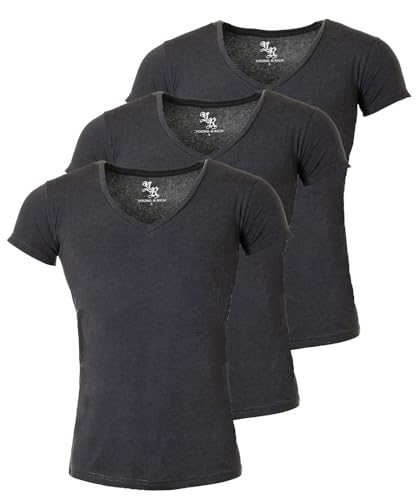 Young & Rich Herren Uni T-Shirt mit extra tiefem V-Ausschnitt Slimfit Stretch Dehnbare Passform einfarbiges Basic Shirt - 3er Pack, Grösse:3XL, Farbe:Dunkelgrau von Young & Rich