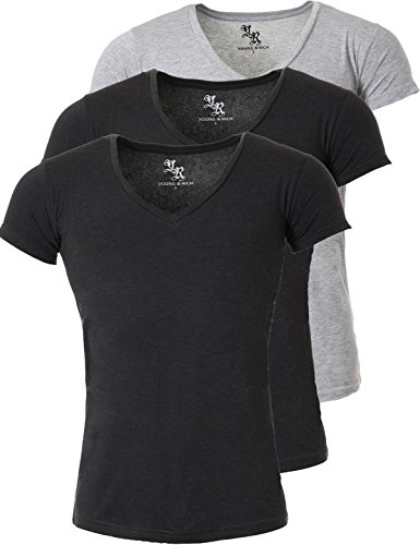 Young & Rich Herren Uni T-Shirt mit extra tiefem V-Ausschnitt Slimfit Stretch Dehnbare Passform einfarbiges Basic Shirt - 3er Pack, Grösse:L, Farbe:2 x Dunkelgrau / 1 x Grau von Young&Rich