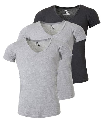 Young & Rich Herren Uni T-Shirt mit extra tiefem V-Ausschnitt Slimfit Stretch Dehnbare Passform einfarbiges Basic Shirt - 3er Pack, Grösse:L, Farbe:2 x Grau / 1 x Dunkelgrau von Young & Rich