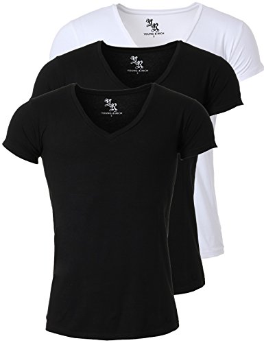 Young & Rich Herren Uni T-Shirt mit extra tiefem V-Ausschnitt Slimfit Stretch Dehnbare Passform einfarbiges Basic Shirt - 3er Pack, Grösse:L, Farbe:2 x Schwarz / 1 x Weiß von Young&Rich