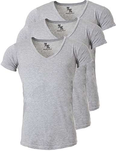 Young & Rich Herren Uni T-Shirt mit extra tiefem V-Ausschnitt Slimfit Stretch Dehnbare Passform einfarbiges Basic Shirt - 3er Pack, Grösse:L, Farbe:Grau von Young&Rich