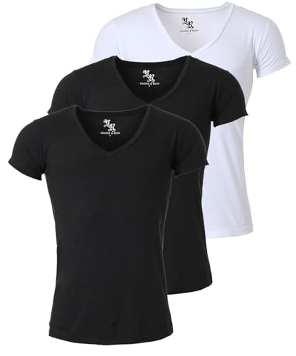 Young & Rich Herren Uni T-Shirt mit extra tiefem V-Ausschnitt Slimfit Stretch Dehnbare Passform einfarbiges Basic Shirt - 3er Pack, Grösse:M, Farbe:2 x Schwarz / 1 x Weiß von Young & Rich