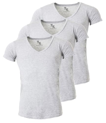 Young & Rich Herren Uni T-Shirt mit extra tiefem V-Ausschnitt Slimfit Stretch Dehnbare Passform einfarbiges Basic Shirt - 3er Pack, Grösse:M, Farbe:Hellgrau von Young & Rich
