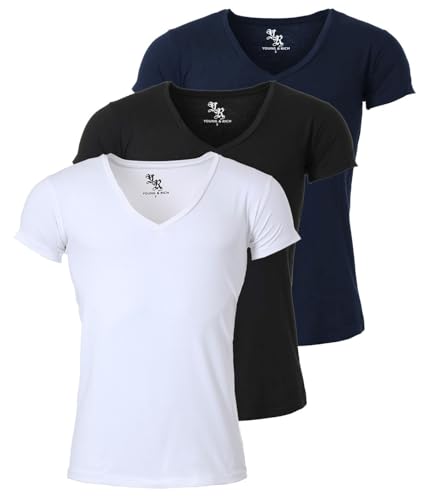 Young & Rich Herren Uni T-Shirt mit extra tiefem V-Ausschnitt Slimfit Stretch Dehnbare Passform einfarbiges Basic Shirt - 3er Pack, Grösse:M, Farbe:Weiß/Schwarz/Dunkelblau von Young & Rich
