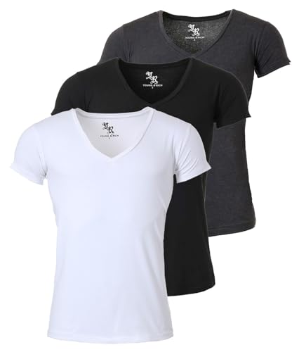 Young & Rich Herren Uni T-Shirt mit extra tiefem V-Ausschnitt Slimfit Stretch Dehnbare Passform einfarbiges Basic Shirt - 3er Pack, Grösse:M, Farbe:Weiß/Schwarz/Dunkelgrau von Young & Rich
