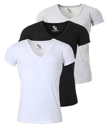 Young & Rich Herren Uni T-Shirt mit extra tiefem V-Ausschnitt Slimfit Stretch Dehnbare Passform einfarbiges Basic Shirt - 3er Pack, Grösse:S, Farbe:Weiß/Schwarz/Hellgrau von Young & Rich