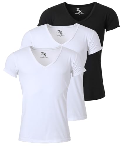 Young & Rich Herren Uni T-Shirt mit extra tiefem V-Ausschnitt Slimfit Stretch Dehnbare Passform einfarbiges Basic Shirt - 3er Pack, Grösse:XL, Farbe:2 x Weiß / 1 x Schwarz von Young & Rich