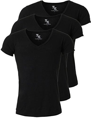 Young & Rich Herren Uni T-Shirt mit extra tiefem V-Ausschnitt Slimfit Stretch Dehnbare Passform einfarbiges Basic Shirt - 3er Pack, Grösse:XL, Farbe:Schwarz von Young&Rich