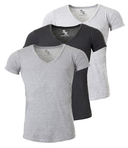 Young & Rich Herren Uni T-Shirt mit extra tiefem V-Ausschnitt Slimfit Stretch Dehnbare Passform einfarbiges Basic Shirt - 3er Pack, Grösse:XXL, Farbe:Grau/Dunkelgrau/Hellgrau von Young & Rich
