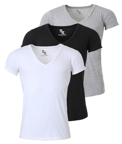 Young & Rich Herren Uni T-Shirt mit extra tiefem V-Ausschnitt Slimfit Stretch Dehnbare Passform einfarbiges Basic Shirt - 3er Pack, Grösse:XXL, Farbe:Weiß/Schwarz/Grau von Young & Rich