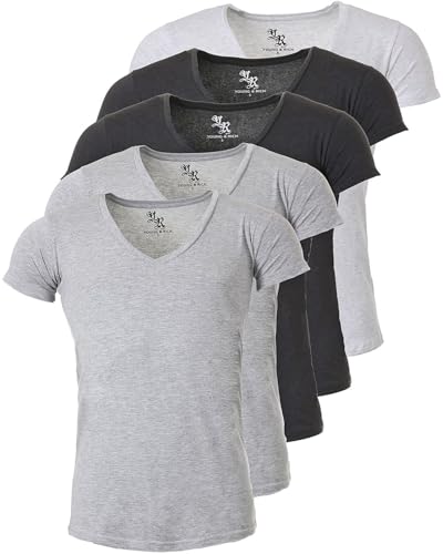Young & Rich Herren Uni T-Shirt mit extra tiefem V-Ausschnitt Slimfit Stretch Dehnbare Passform einfarbiges Basic Shirt - 5er Pack, Grösse:M, Farbe:2 x Grau / 2 x Dunkelgrau / 1 x Hellgrau von Young & Rich