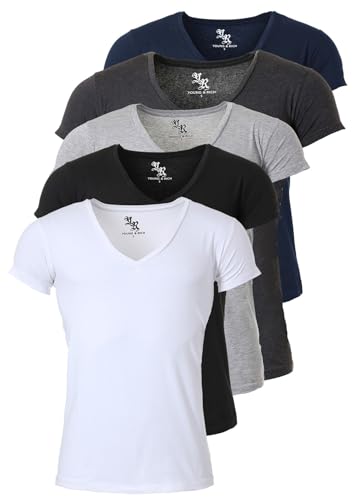 Young & Rich Herren Uni T-Shirt mit extra tiefem V-Ausschnitt Slimfit Stretch Dehnbare Passform einfarbiges Basic Shirt - 5er Pack, Grösse:M, Farbe:Weiß/Schwarz/Grau/Dunkelgrau/Dunkelblau von Young & Rich