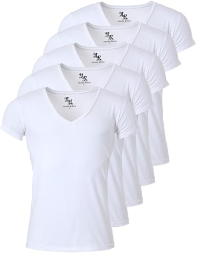 Young & Rich Herren Uni T-Shirt mit extra tiefem V-Ausschnitt Slimfit Stretch Dehnbare Passform einfarbiges Basic Shirt - 5er Pack, Grösse:M, Farbe:Weiß von Young&Rich