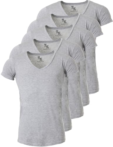 Young & Rich Herren Uni T-Shirt mit extra tiefem V-Ausschnitt Slimfit Stretch Dehnbare Passform einfarbiges Basic Shirt - 5er Pack, Grösse:S, Farbe:Grau von Young&Rich