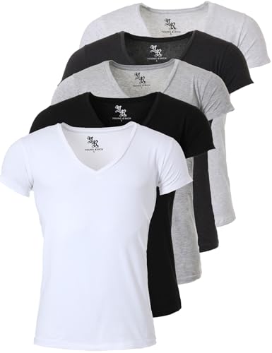 Young & Rich Herren Uni T-Shirt mit extra tiefem V-Ausschnitt Slimfit Stretch Dehnbare Passform einfarbiges Basic Shirt - 5er Pack, Grösse:S, Farbe:Weiß/Schwarz/Grau/Dunkelgrau/Hellgrau von Young&Rich