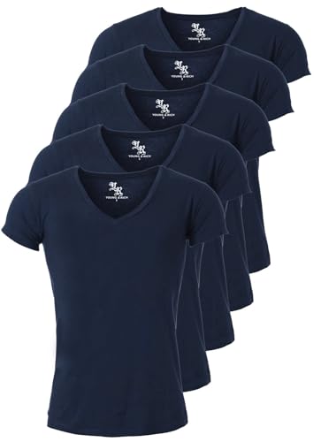 Young & Rich Herren Uni T-Shirt mit extra tiefem V-Ausschnitt Slimfit Stretch Dehnbare Passform einfarbiges Basic Shirt - 5er Pack, Grösse:XL, Farbe:Dunkelblau von Young & Rich