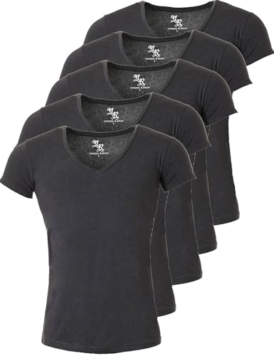 Young & Rich Herren Uni T-Shirt mit extra tiefem V-Ausschnitt Slimfit Stretch Dehnbare Passform einfarbiges Basic Shirt - 5er Pack, Grösse:XXL, Farbe:Dunkelgrau von Young & Rich