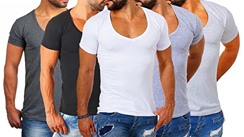 Young&Rich Herren Uni T-Shirt mit extra tiefem V-Ausschnitt Slimfit deep V-Neck Stretch dehnbar Basic Shirt 1315, Grösse:3XL, Farbe:Weiß/Schwarz/Grau/Dunkelgrau/Hellgrau (5er Pack) von Young&Rich