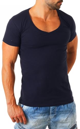 Young & Rich Herren Uni T-Shirt mit extra tiefem V-Ausschnitt Slimfit deep V-Neck Stretch dehnbar Basic Shirt 1315, Grösse:L, Farbe:Dunkelblau von Young & Rich