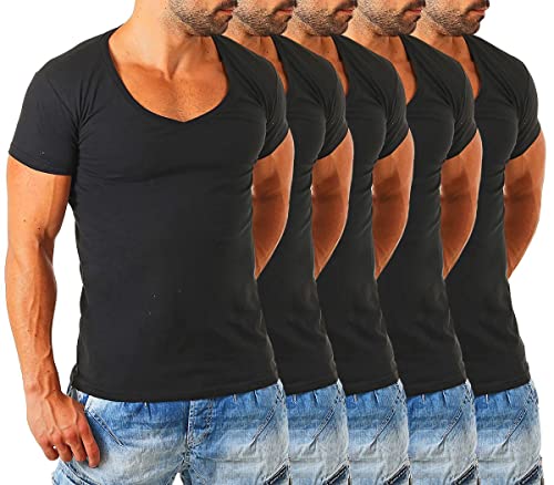 Young & Rich Herren Uni T-Shirt mit extra tiefem V-Ausschnitt Slimfit deep V-Neck Stretch dehnbar Basic Shirt 1315, Grösse:L, Farbe:Schwarz - 5 Stück von Young&Rich