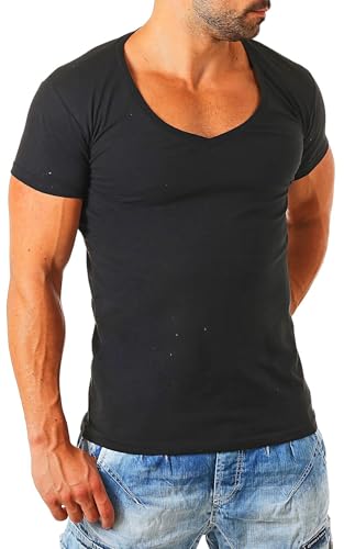Young & Rich Herren Uni T-Shirt mit extra tiefem V-Ausschnitt Slimfit deep V-Neck Stretch dehnbar Basic Shirt 1315, Grösse:S, Farbe:Schwarz von Young & Rich