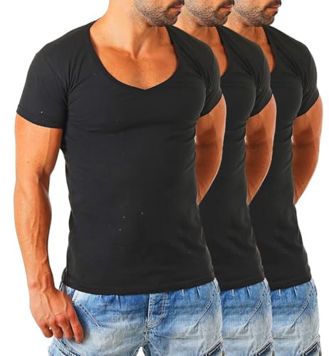 Young&Rich Herren Uni T-Shirt mit extra tiefem V-Ausschnitt Slimfit deep V-Neck Stretch dehnbar Basic Shirt 1315, Grösse:XXL, Farbe:Schwarz - 3 Stück von Young & Rich