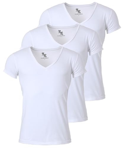 Young & Rich Herren Uni T-Shirt mit extra tiefem V-Ausschnitt Slimfit Stretch Dehnbare Passform einfarbiges Basic Shirt - 3er Pack, Grösse:XXL, Farbe:Weiß von Young & Rich