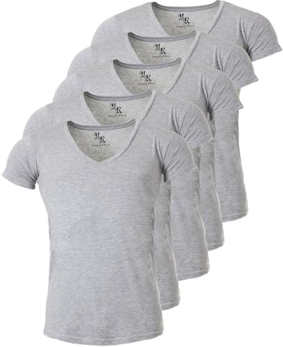 Young & Rich Herren Uni T-Shirt mit extra tiefem V-Ausschnitt Slimfit Stretch Dehnbare Passform einfarbiges Basic Shirt - 5er Pack, Grösse:M, Farbe:Grau von Young & Rich