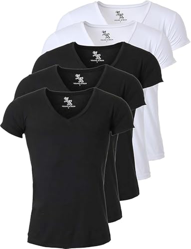 Young & Rich Herren Uni T-Shirt mit extra tiefem V-Ausschnitt Slimfit Stretch Dehnbare Passform einfarbiges Basic Shirt - 5er Pack, Grösse:XL, Farbe:3 x Schwarz / 2 x Weiß von Young&Rich