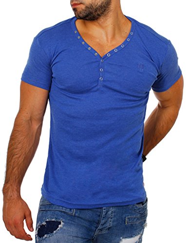 Young & Rich Herren Uni feinripp Basic T-Shirt mit Knopfleiste & tiefem V-Ausschnitt deep V-Neck Slim fit einfarbig 1873, Grösse:3XL;Farbe:Blau-Melange von Young&Rich