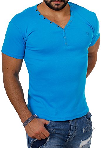 Young & Rich Herren Uni feinripp Basic T-Shirt mit Knopfleiste & tiefem V-Ausschnitt deep V-Neck Slim fit einfarbig 1873, Grösse:L;Farbe:Türkis von Young&Rich