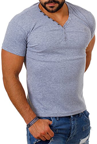 Young & Rich Herren Uni feinripp Basic T-Shirt mit Knopfleiste & tiefem V-Ausschnitt deep V-Neck Slim fit einfarbig 1873, Grösse:L;Farbe:Grau von Young & Rich