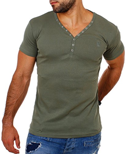 Young & Rich Herren Uni feinripp Basic T-Shirt mit Knopfleiste & tiefem V-Ausschnitt deep V-Neck Slim fit einfarbig 1873, Grösse:L;Farbe:Militär-Grün von Young & Rich