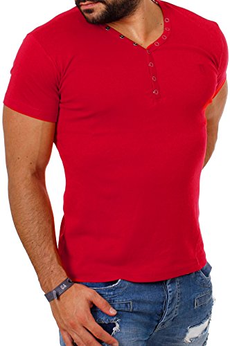 Young & Rich Herren Uni feinripp Basic T-Shirt mit Knopfleiste & tiefem V-Ausschnitt deep V-Neck Slim fit einfarbig 1873, Grösse:L;Farbe:Rot von Young&Rich