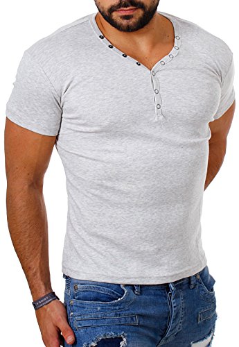 Young & Rich Herren Uni feinripp Basic T-Shirt mit Knopfleiste & tiefem V-Ausschnitt deep V-Neck Slim fit einfarbig 1873, Grösse:M;Farbe:Hellgrau von Young&Rich