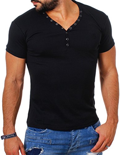 Young & Rich Herren Uni feinripp Basic T-Shirt mit Knopfleiste & tiefem V-Ausschnitt deep V-Neck Slim fit einfarbig 1873, Grösse:S;Farbe:Schwarz von Young & Rich
