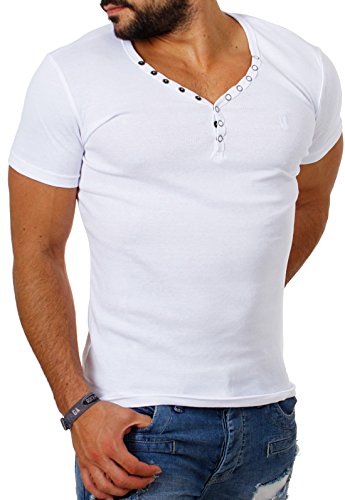 Young & Rich Herren Uni feinripp Basic T-Shirt mit Knopfleiste & tiefem V-Ausschnitt deep V-Neck Slim fit einfarbig 1873, Grösse:S;Farbe:Weiß von Young&Rich