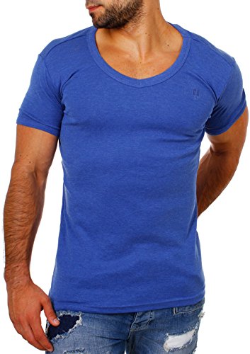 Young & Rich Herren Uni feinripp Basic T-Shirt tiefer runder V-Ausschnitt Slimfit deep Round V-Neck einfarbig 1874, Grösse:S;Farbe:Blau-Melange von Young&Rich