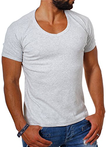 Young & Rich Herren Uni feinripp Basic T-Shirt tiefer runder V-Ausschnitt Slimfit deep Round V-Neck einfarbig 1874, Grösse:S;Farbe:Hellgrau von Young&Rich