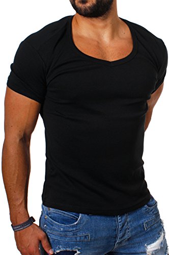 Young & Rich Herren Uni feinripp Basic T-Shirt tiefer runder V-Ausschnitt Slimfit deep Round V-Neck einfarbig 1874, Grösse:S;Farbe:Schwarz von Young&Rich