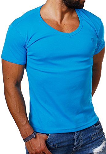Young & Rich Herren Uni feinripp Basic T-Shirt tiefer runder V-Ausschnitt Slimfit deep Round V-Neck einfarbig 1874, Grösse:S;Farbe:Türkis von Young&Rich