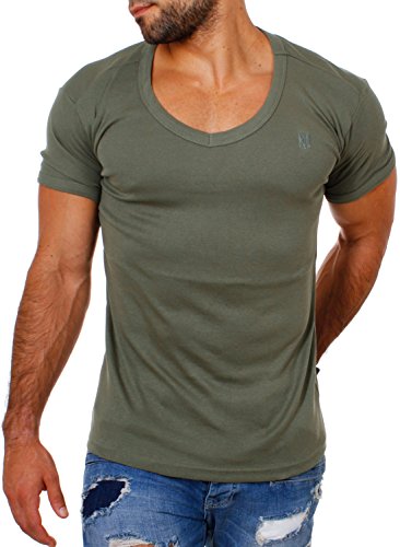 Young & Rich Herren Uni feinripp Basic T-Shirt tiefer runder V-Ausschnitt Slimfit deep Round V-Neck einfarbig 1874, Grösse:3XL;Farbe:Militär-Grün von Young&Rich