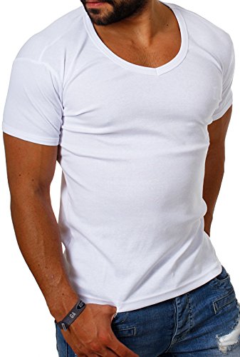 Young & Rich Herren Uni feinripp Basic T-Shirt tiefer runder V-Ausschnitt Slimfit deep Round V-Neck einfarbig 1874, Grösse:3XL, Farbe:Weiß von Young & Rich