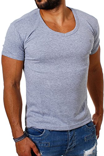 Young & Rich Herren Uni feinripp Basic T-Shirt tiefer runder V-Ausschnitt Slimfit deep Round V-Neck einfarbig 1874, Grösse:L;Farbe:Grau von Young&Rich