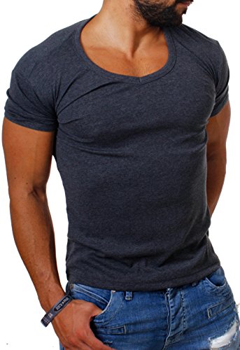 Young & Rich Herren Uni feinripp Basic T-Shirt tiefer runder V-Ausschnitt Slimfit deep Round V-Neck einfarbig 1874, Grösse:S;Farbe:Dunkelgrau von Young&Rich