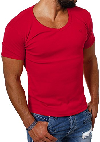 Young & Rich Herren Uni feinripp Basic T-Shirt tiefer runder V-Ausschnitt Slimfit deep Round V-Neck einfarbig 1874, Grösse:S;Farbe:Rot von Young&Rich